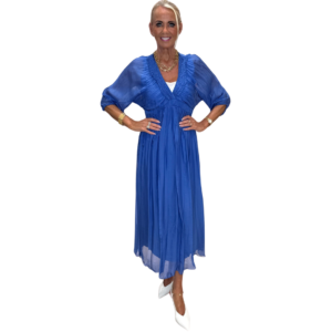 Kóngablár silkikjóll m. síðum ermum